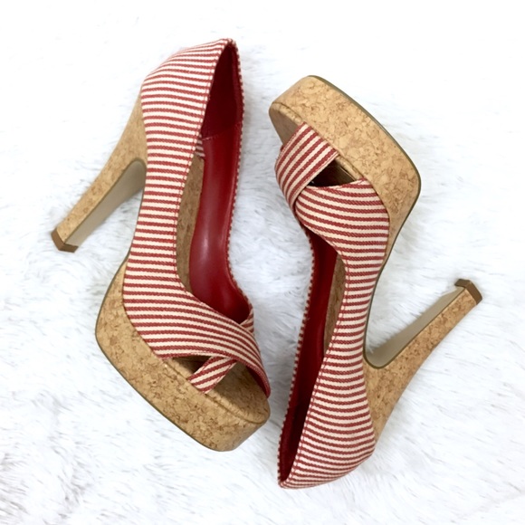 Charles Albert Shoes - Charles Albert Red Stripe Open Platform Heels